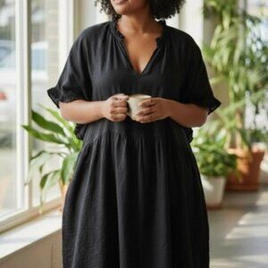 Old Navy SS Demi Swing Dress Black 4X Gauze Cotton Ruffle Neck NWT